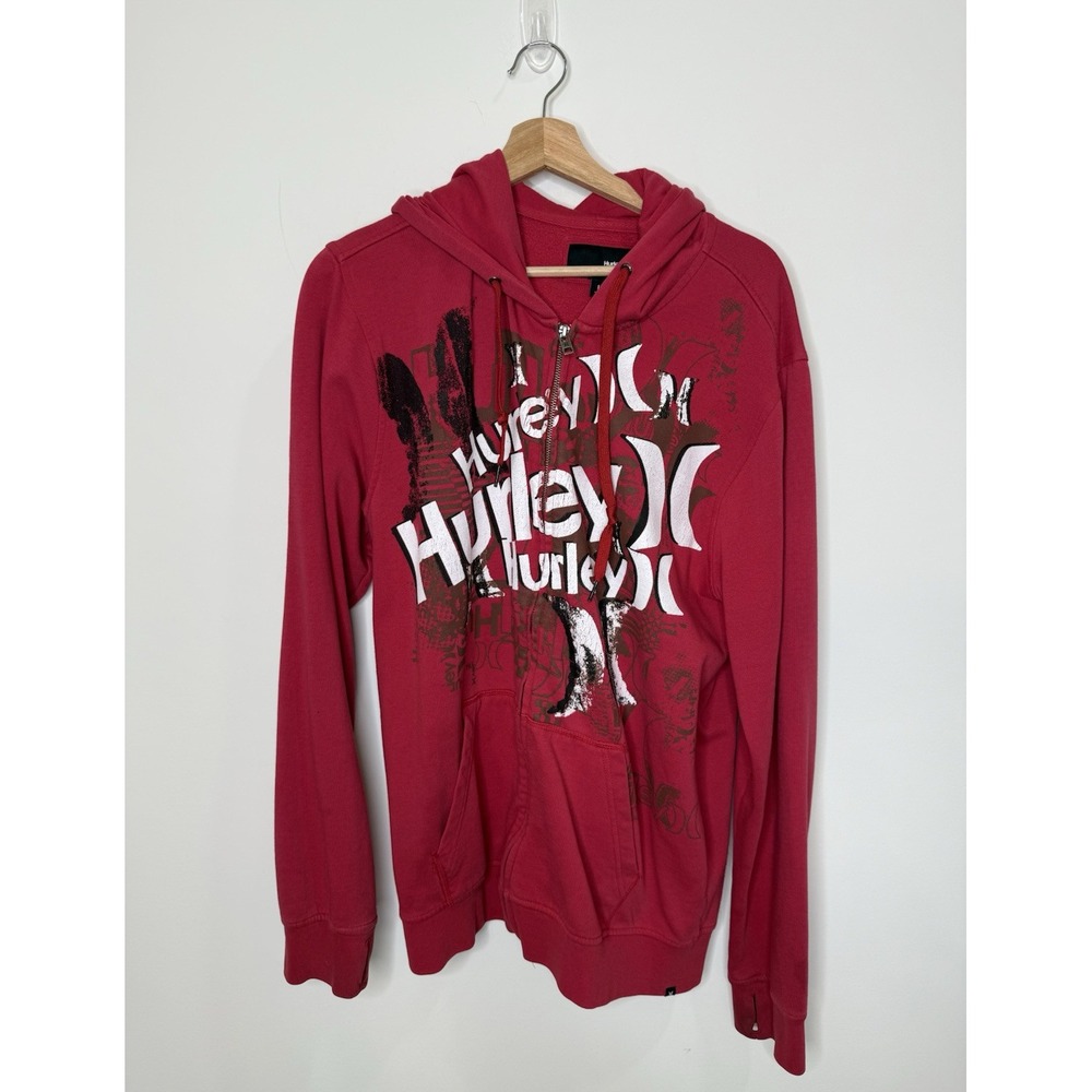 VTG Y2K Hurley Hoodie Men Large Red Full Zip Logo Sweater Thumbhole Cyber Skater